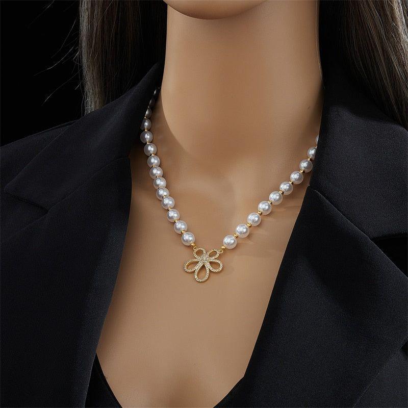 Stainless Steel Cutout Rhinestone Flower Pendant Necklace