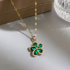 Stainless Steel Green Zircon Flowers Pendant Necklace