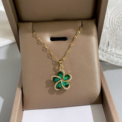 Stainless Steel Green Zircon Flowers Pendant Necklace