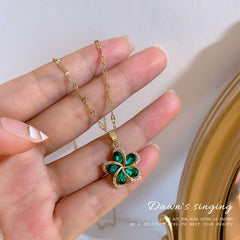 Stainless Steel Green Zircon Flowers Pendant Necklace