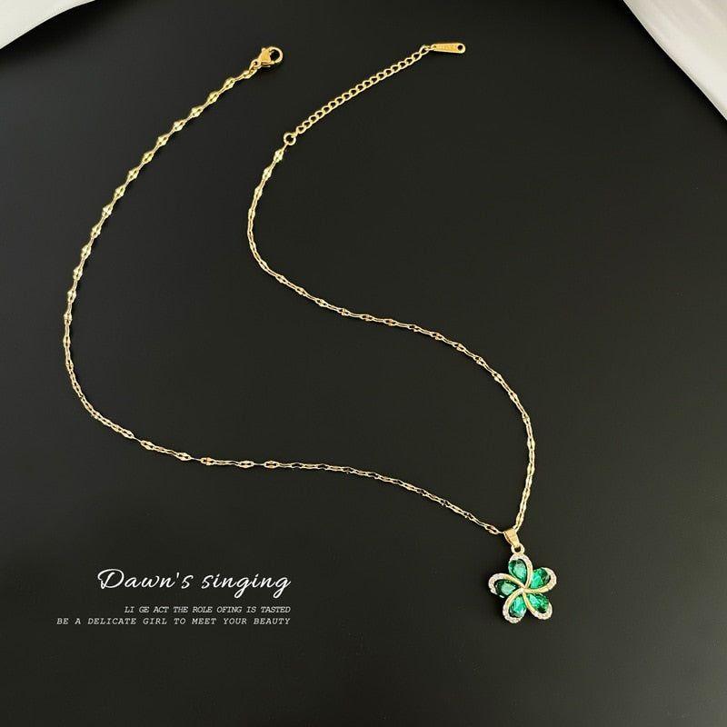 Stainless Steel Green Zircon Flowers Pendant Necklace