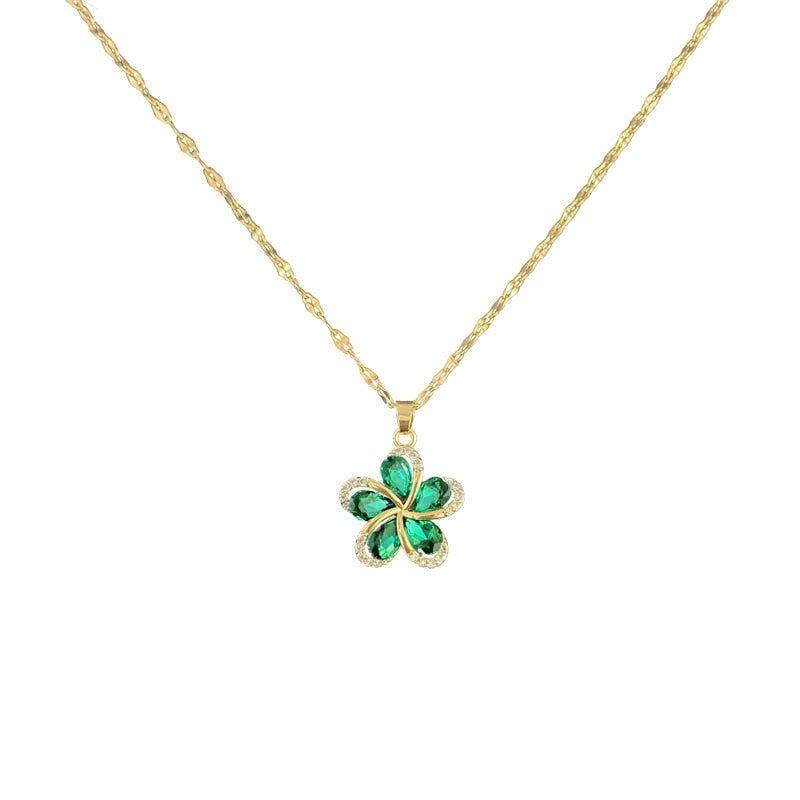 Stainless Steel Green Zircon Flowers Pendant Necklace