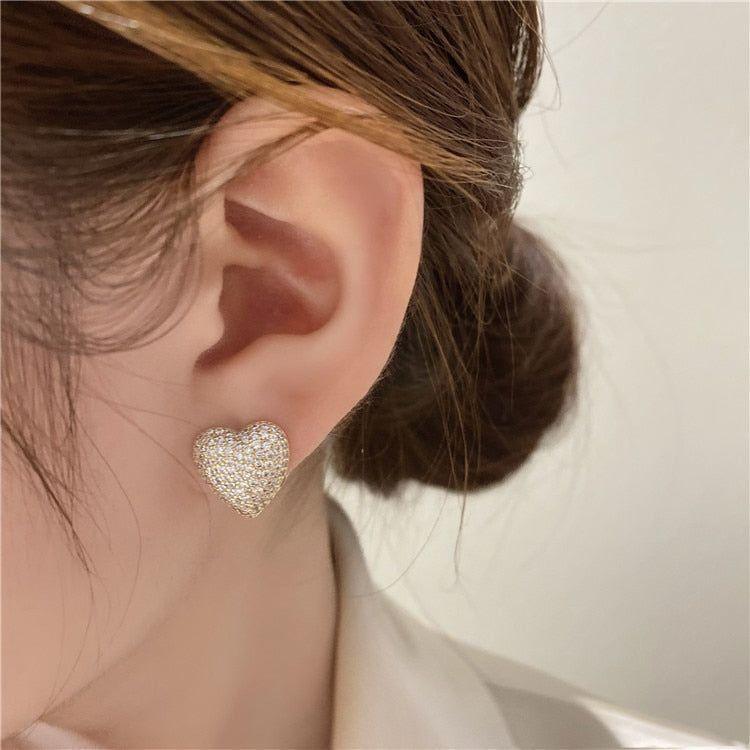 Two Side Design With Zircon Gold Heart-Shaped Earrings