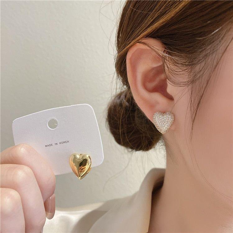 Two Side Design With Zircon Gold Heart-Shaped Earrings