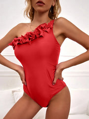 one piece swimsuit solid color swimwear one shoulder ruffle trimmed beachwear bathing suit female bodysuits monokini