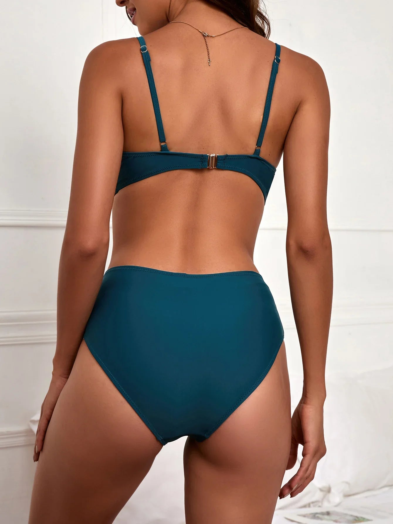solid color swimsuit deep V neck swimwear female monokini high waist bikini Set