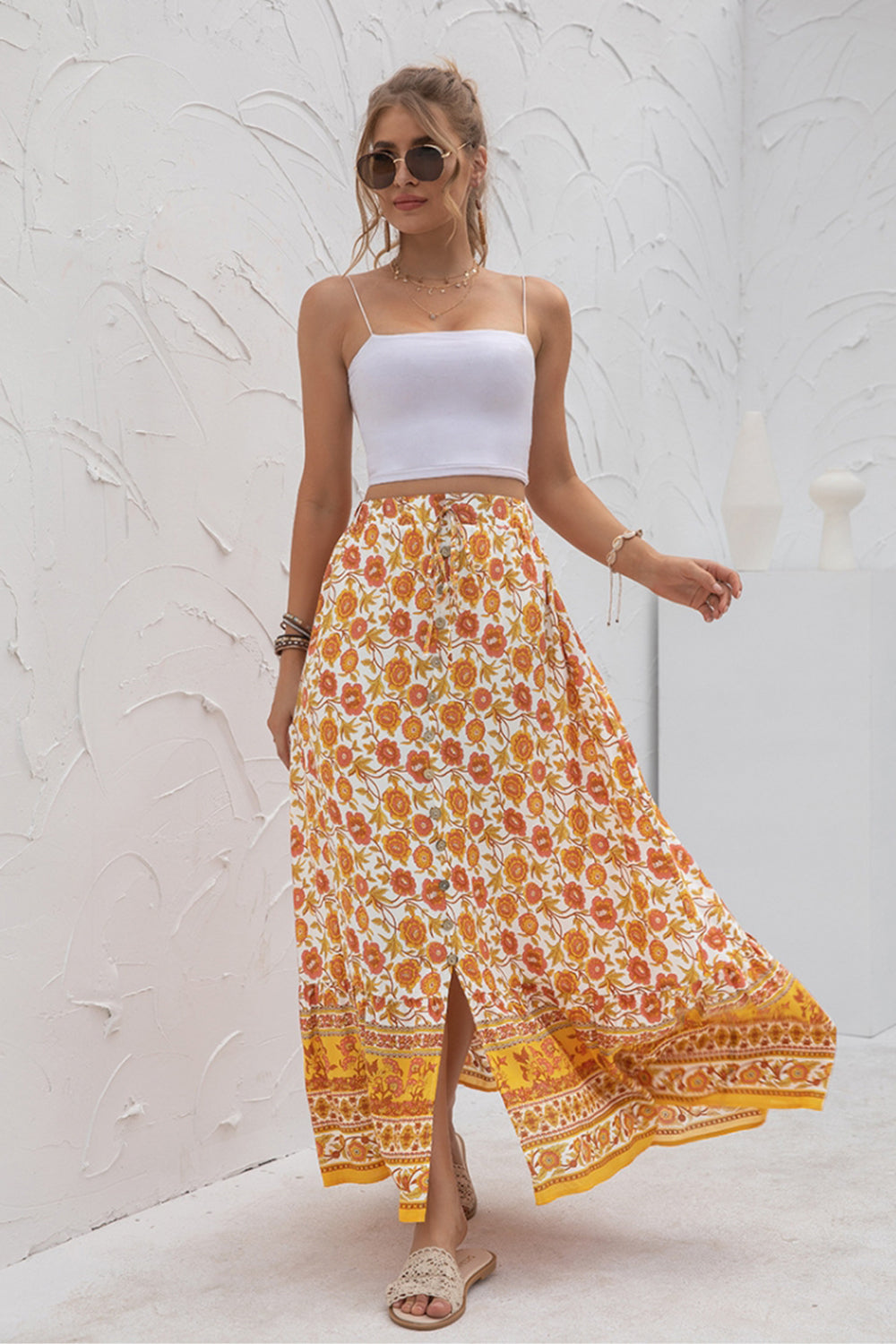 High-Waist Printed Button-Up Slit Skirt