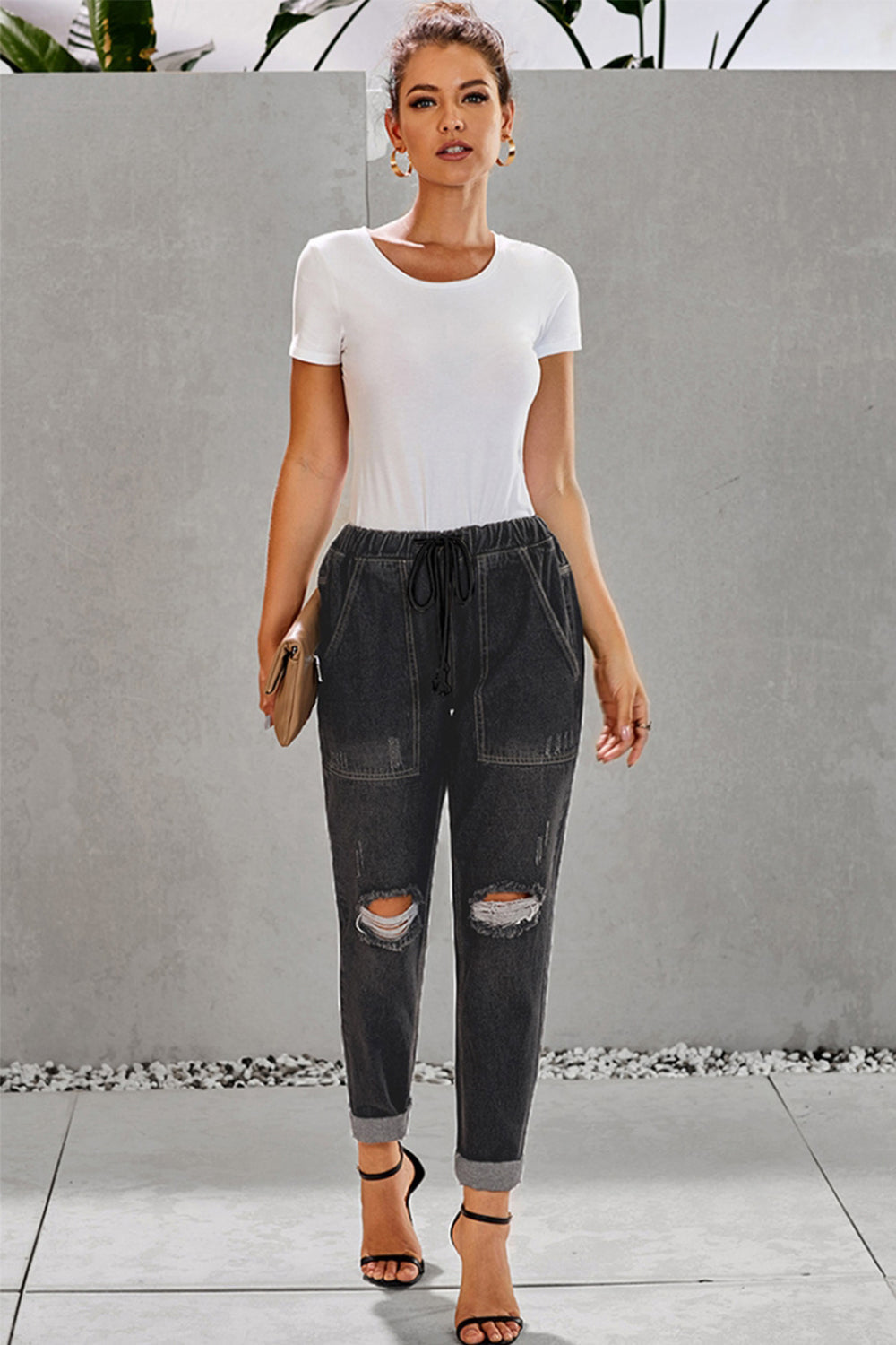 High-Waisted Tie Straight-Leg Ripped Jeans