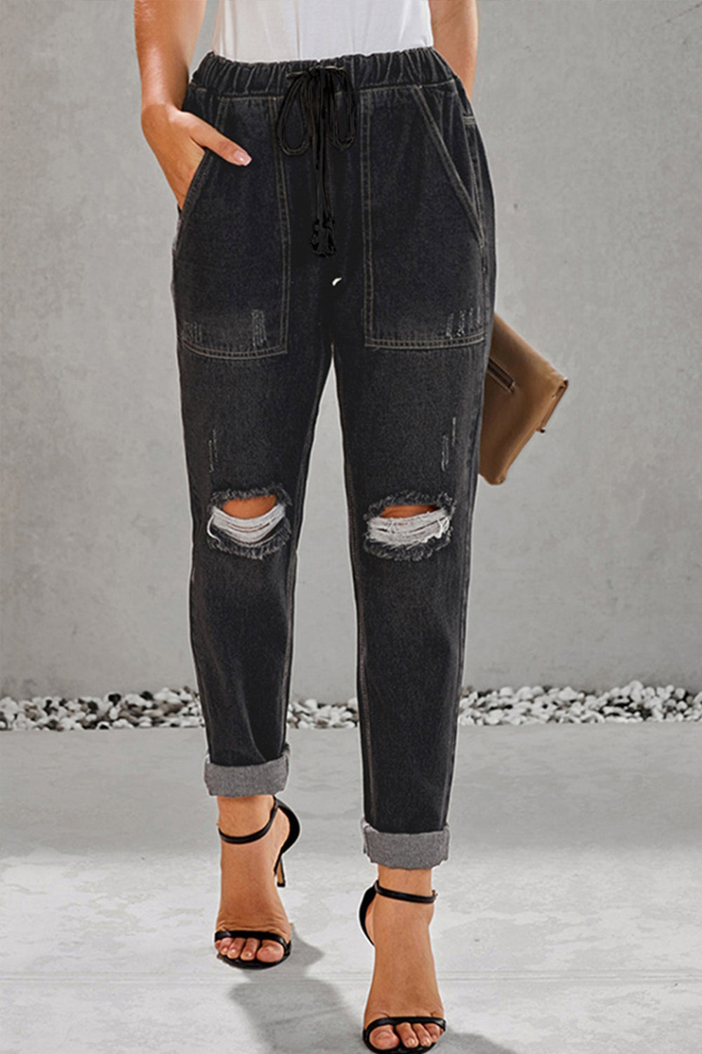 High-Waisted Tie Straight-Leg Ripped Jeans