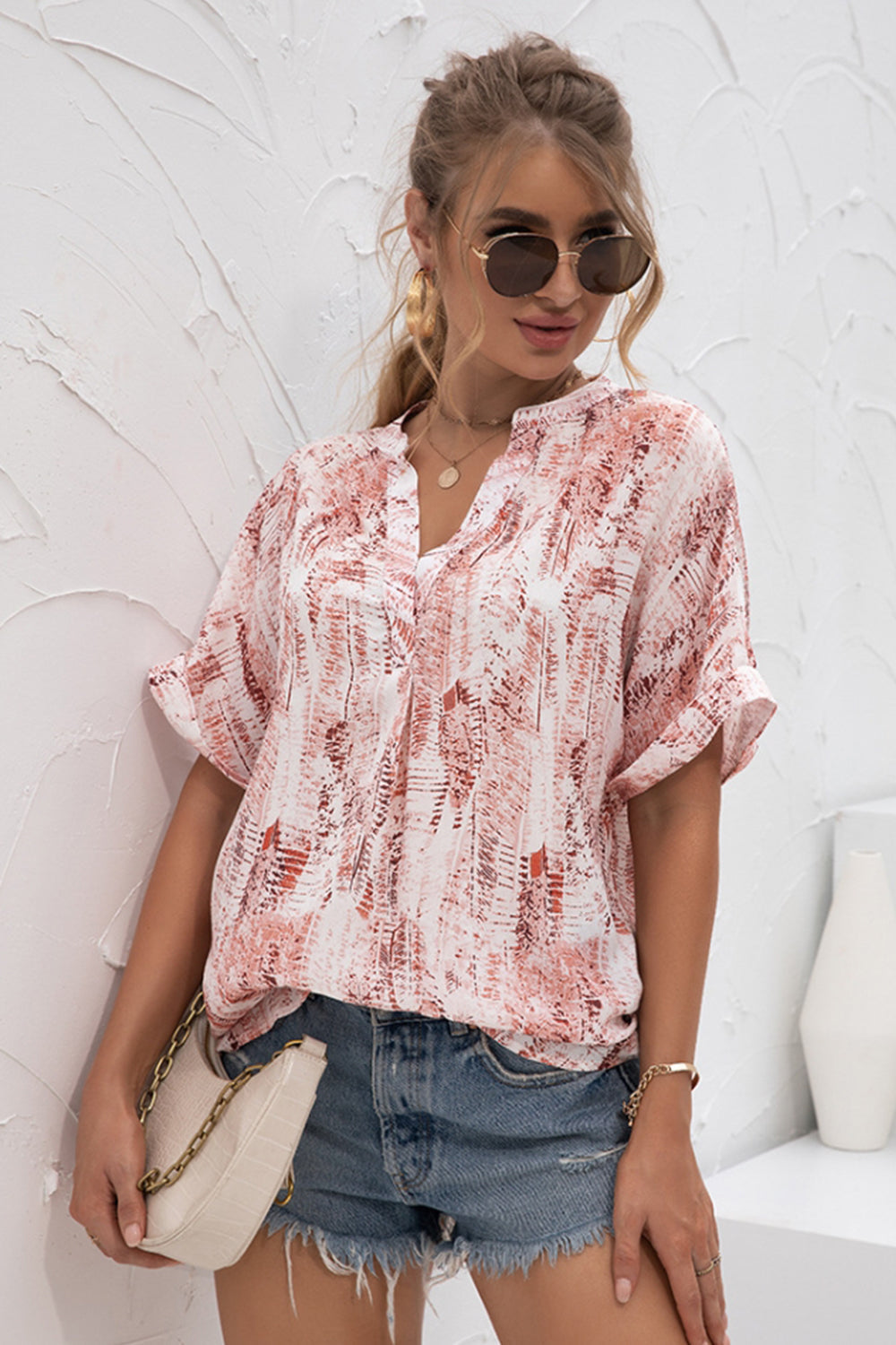 V-Neck Tie-Dye Print Chiffon Shirt