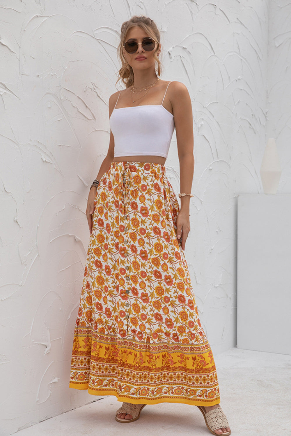 High-Waist Printed Button-Up Slit Skirt