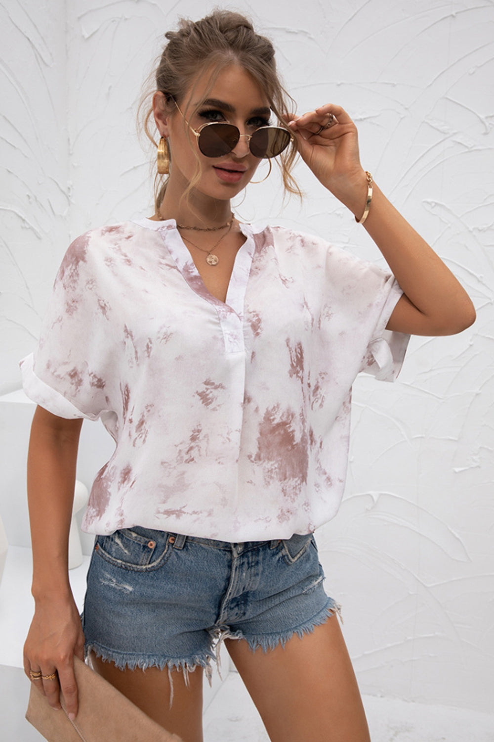 V-Neck Tie-Dye Print Chiffon Shirt