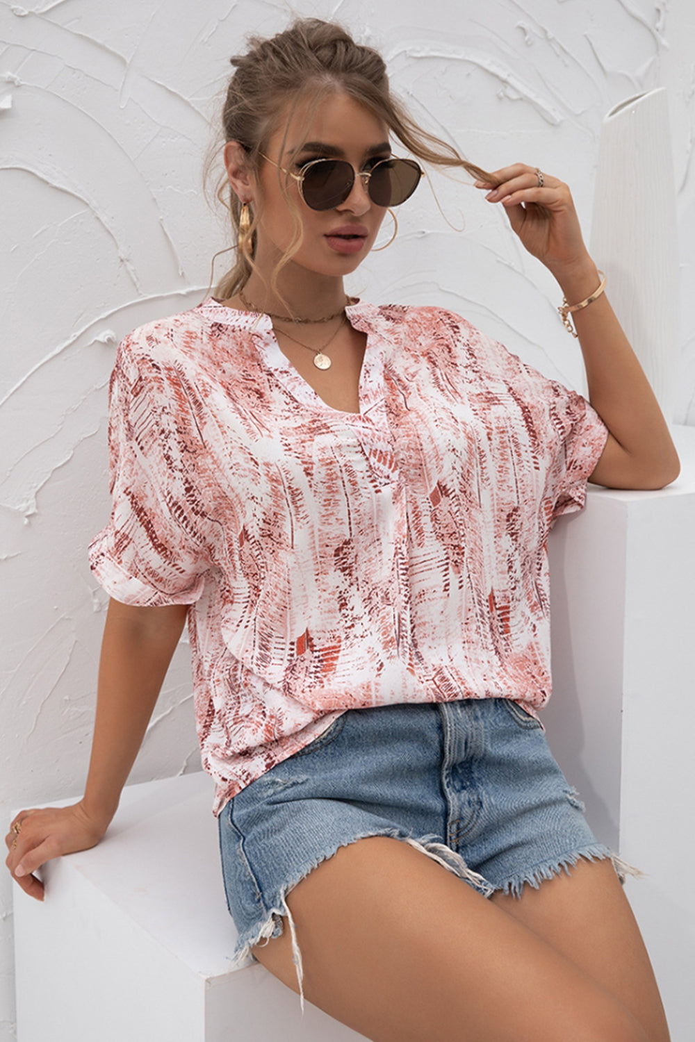 V-Neck Tie-Dye Print Chiffon Shirt