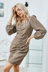 V-Neck Pleated Long-Sleeved Dress