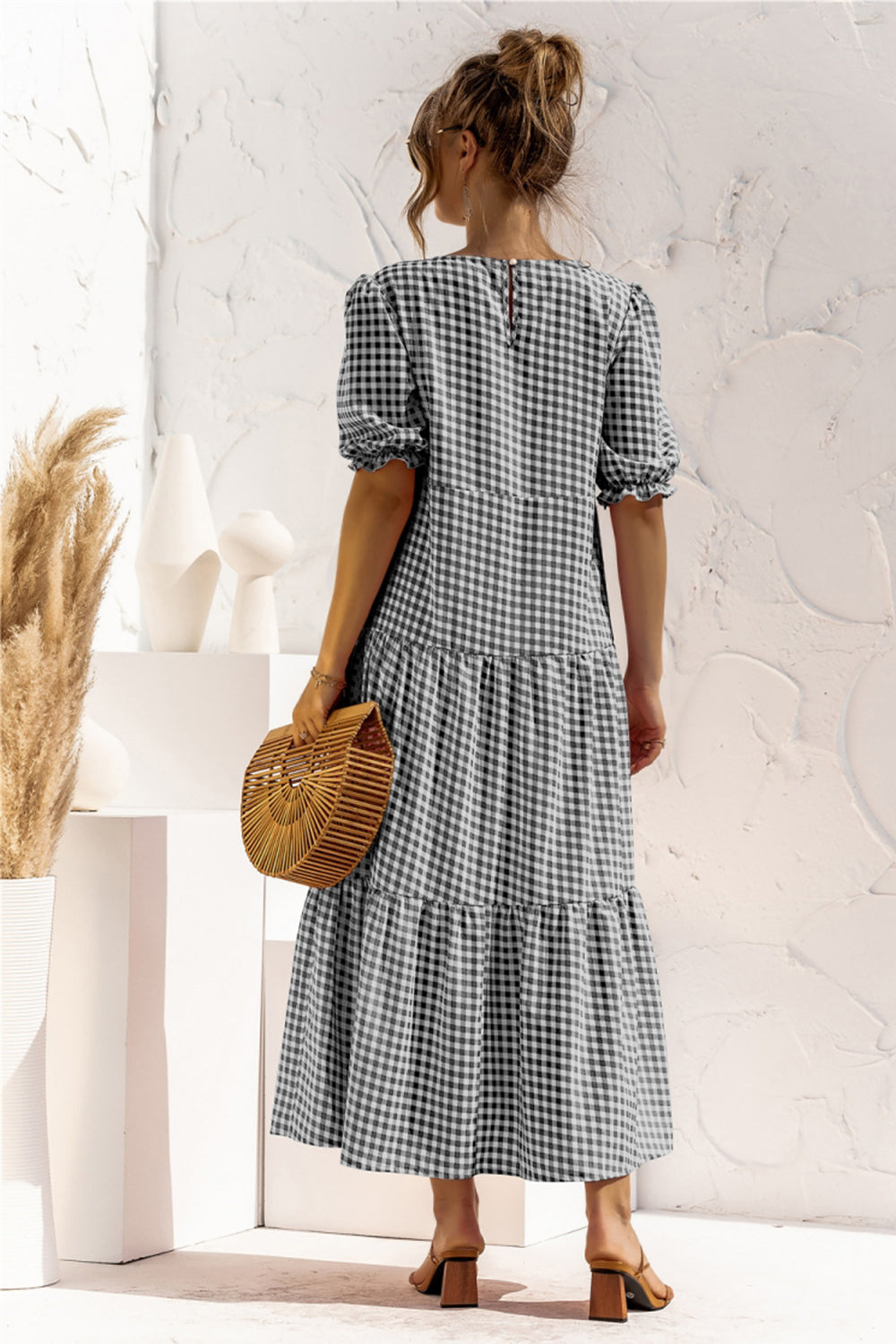 Puff Sleeve Polka Dot Plaid Patchwork Long Dress