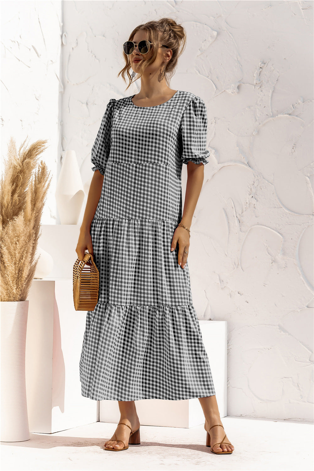 Puff Sleeve Polka Dot Plaid Patchwork Long Dress