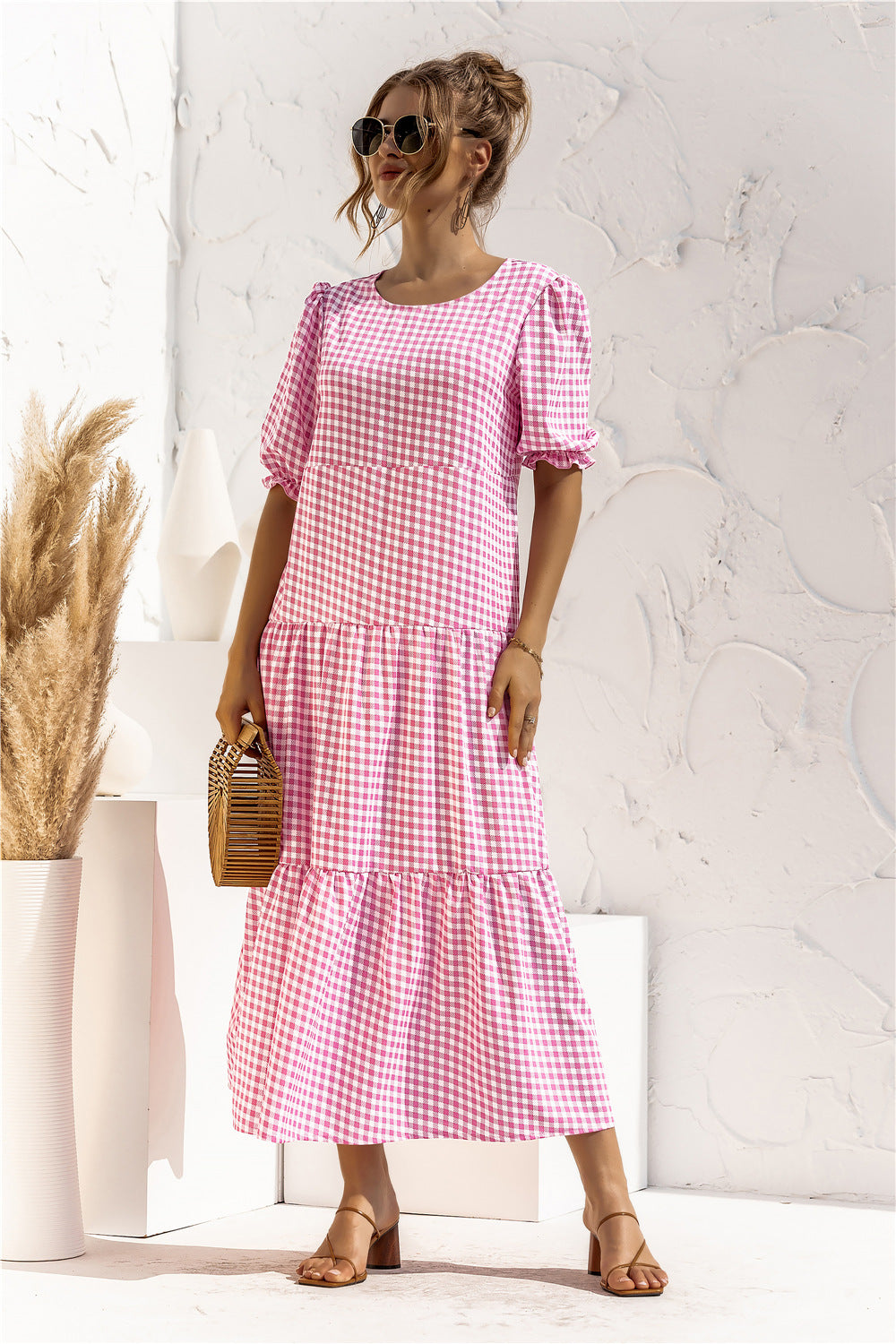 Puff Sleeve Polka Dot Plaid Patchwork Long Dress