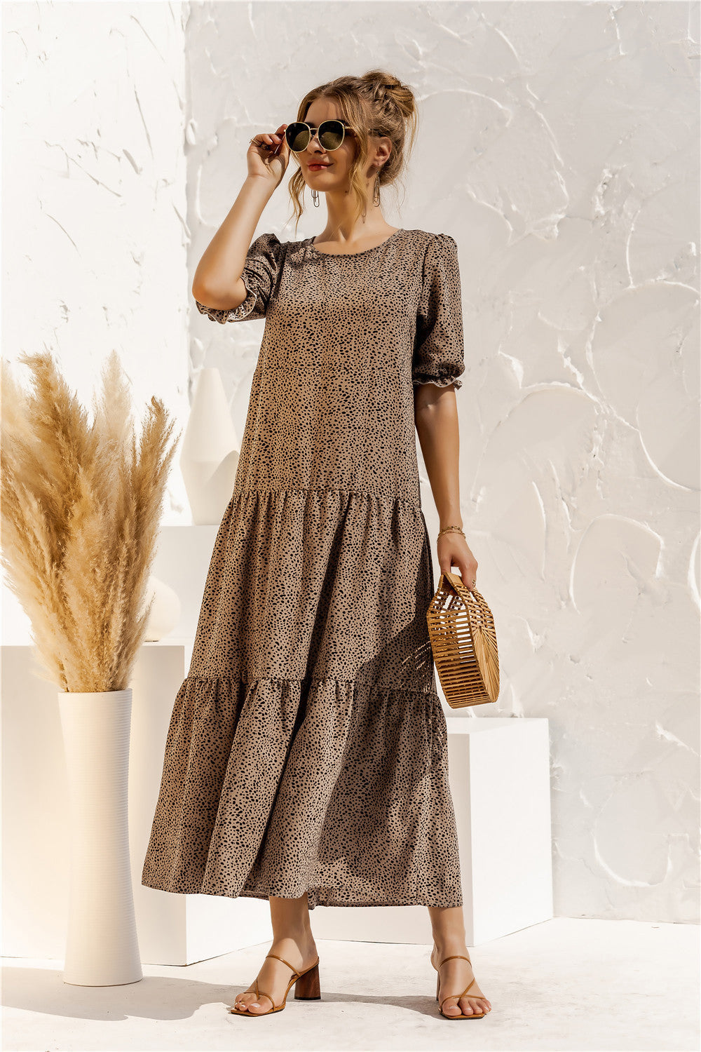 Puff Sleeve Polka Dot Plaid Patchwork Long Dress