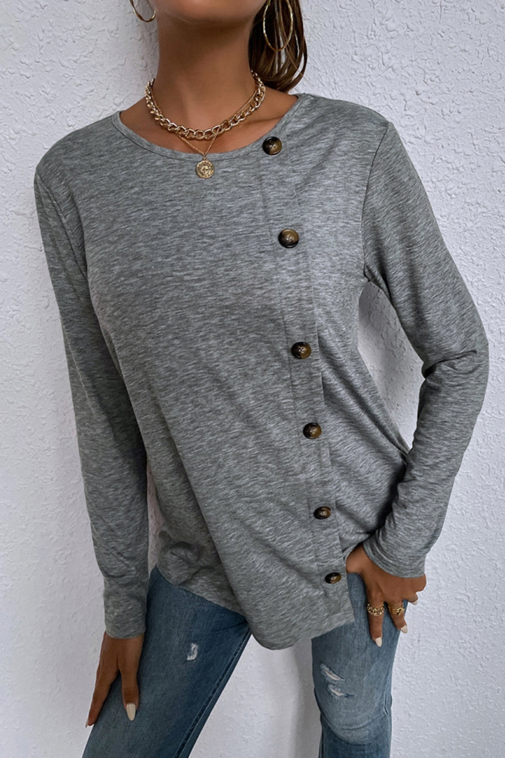 Round Neck Long Sleeve Single-Breasted T-Shirt