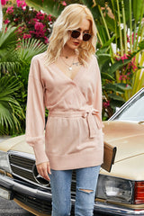 V-Neck Knitted Lantern Sleeve Pullover