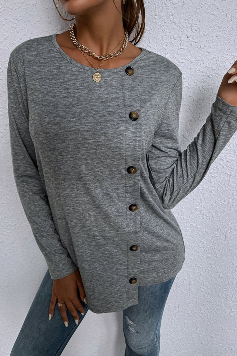 Round Neck Long Sleeve Single-Breasted T-Shirt