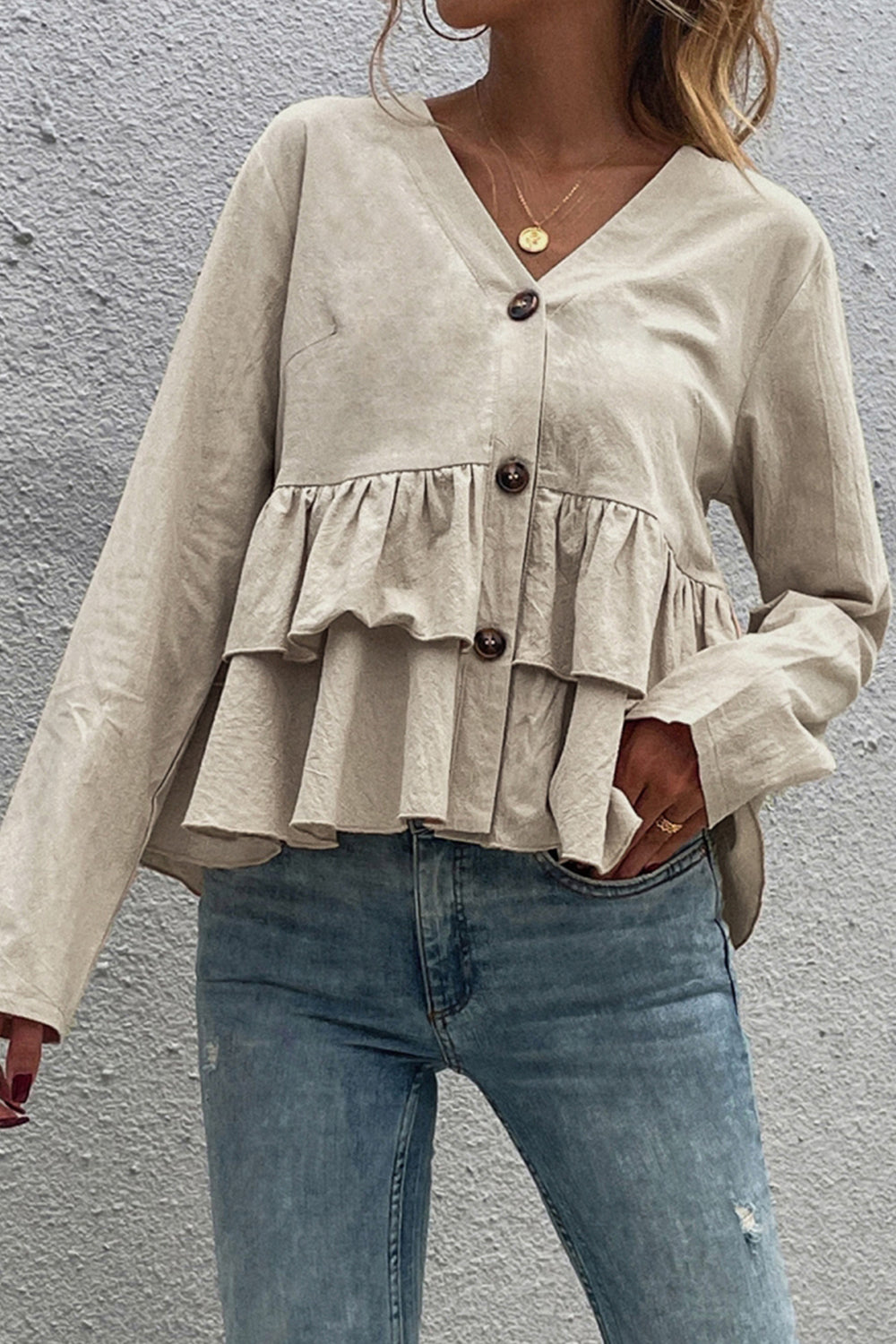 Single-Breasted Double-Layer Pleated T-Shirt