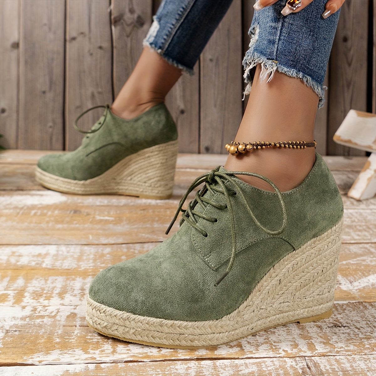 Espadrilles Round Toe Lace Up Low-top Platform Wedges