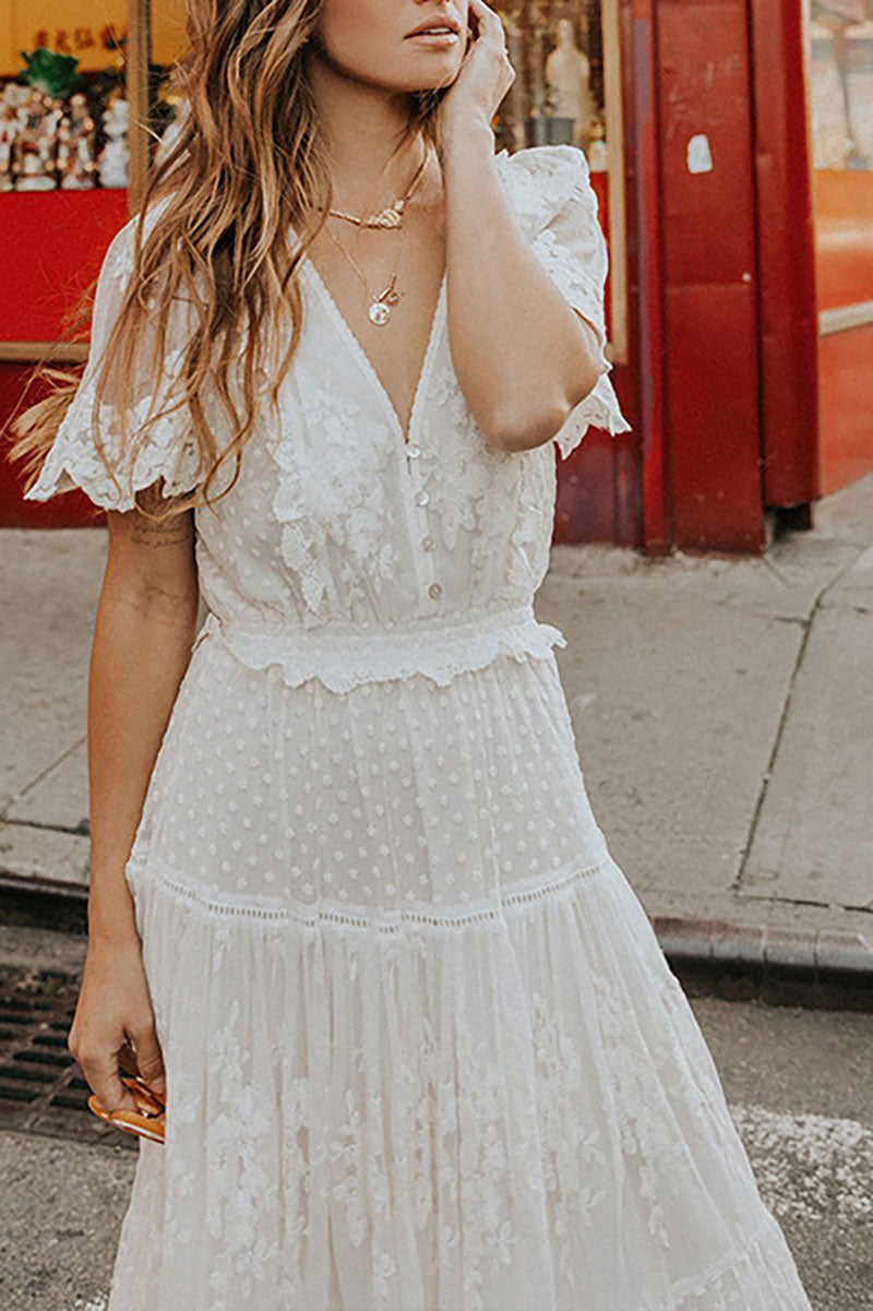 White Lace Embroidery Bohemian Maxi Dress