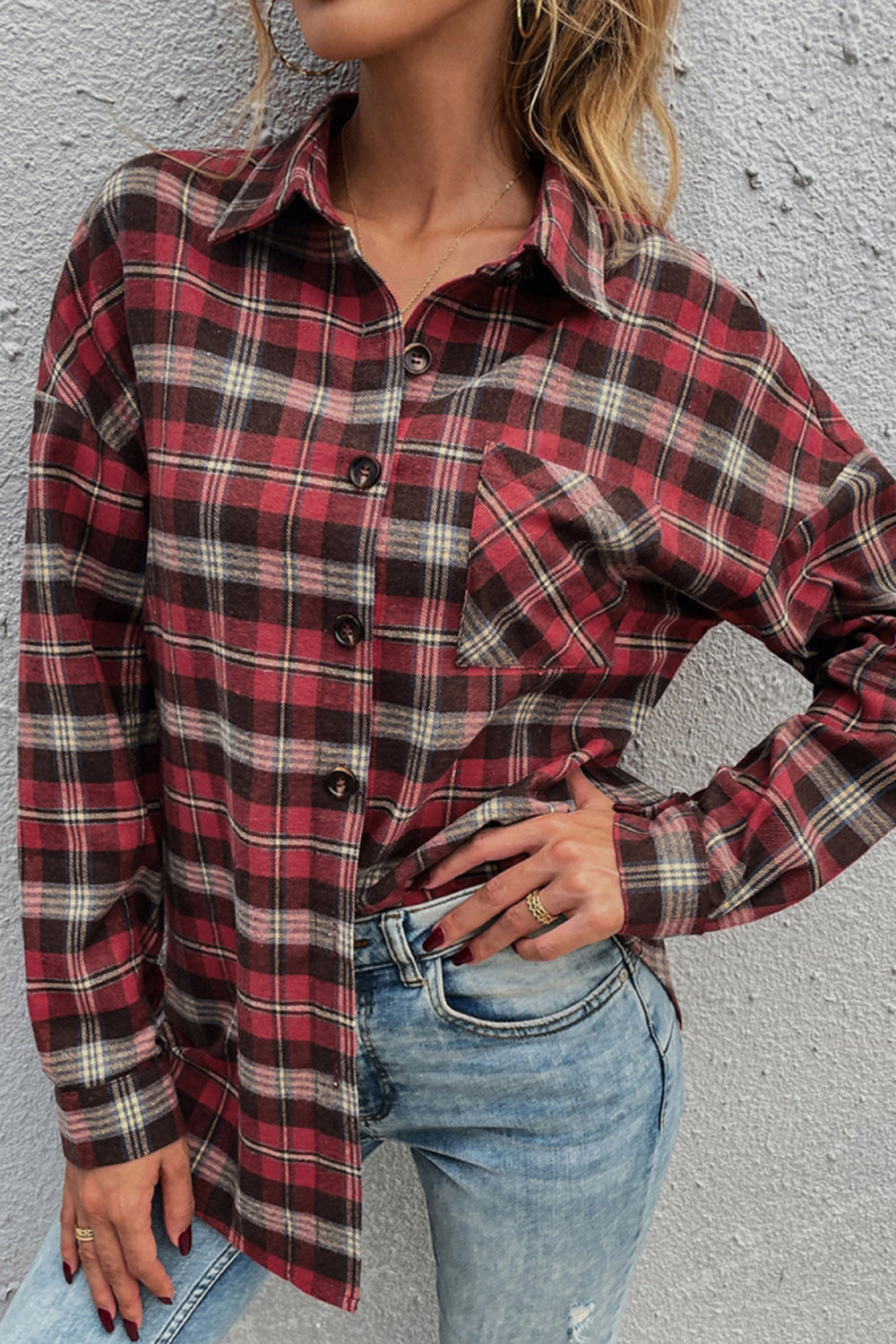Red Plaid Lapel Single-Breasted Shirt