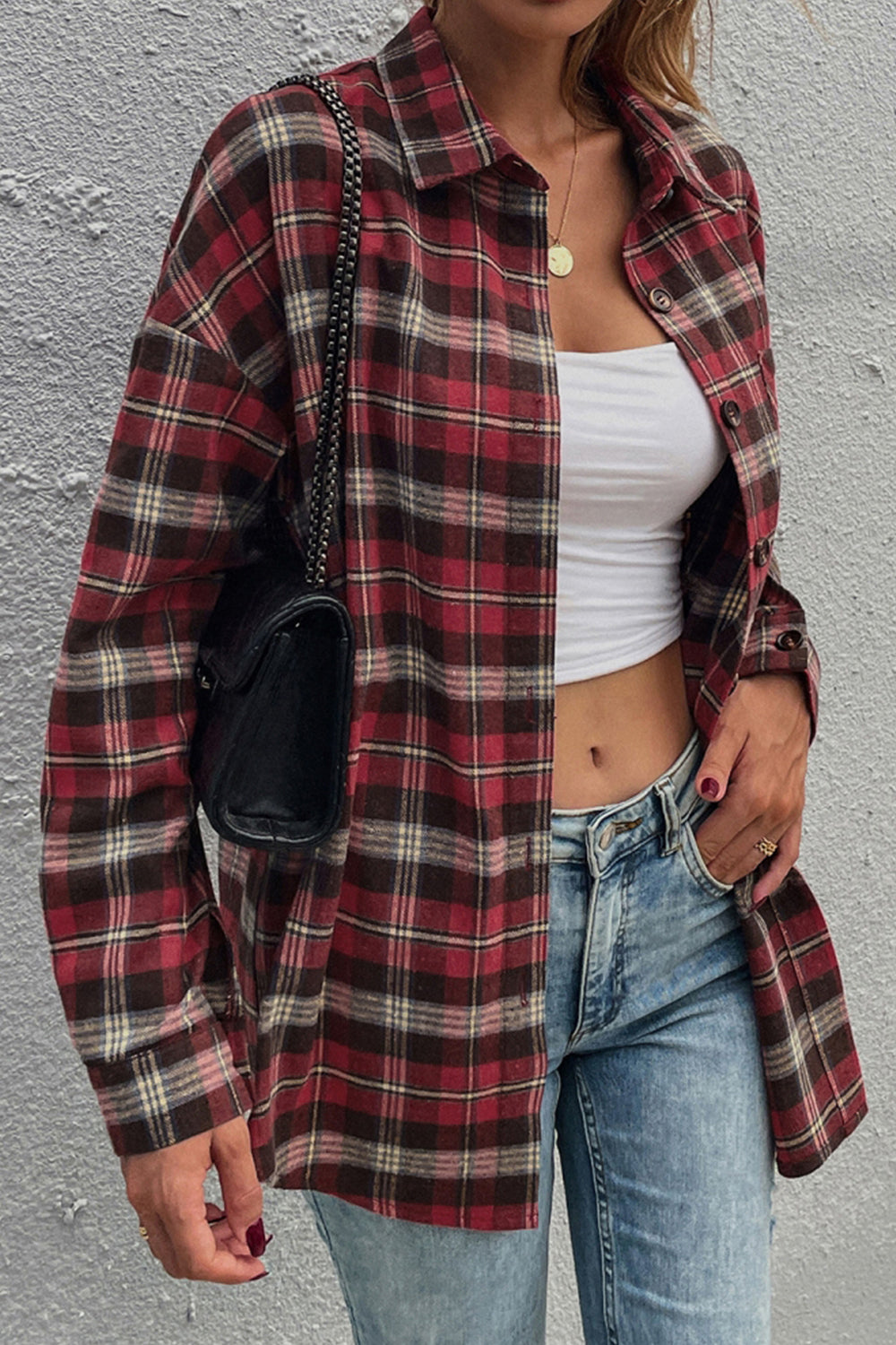Red Plaid Lapel Single-Breasted Shirt