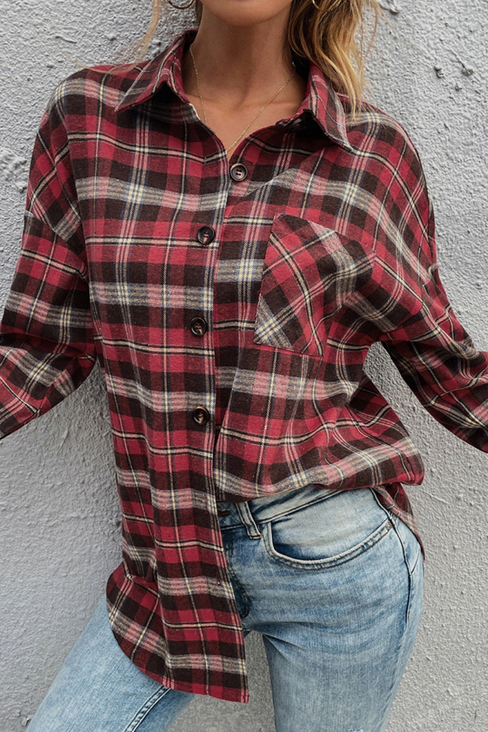 Red Plaid Lapel Single-Breasted Shirt