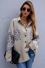 Lapel Patchwork Leopard Print Shirt