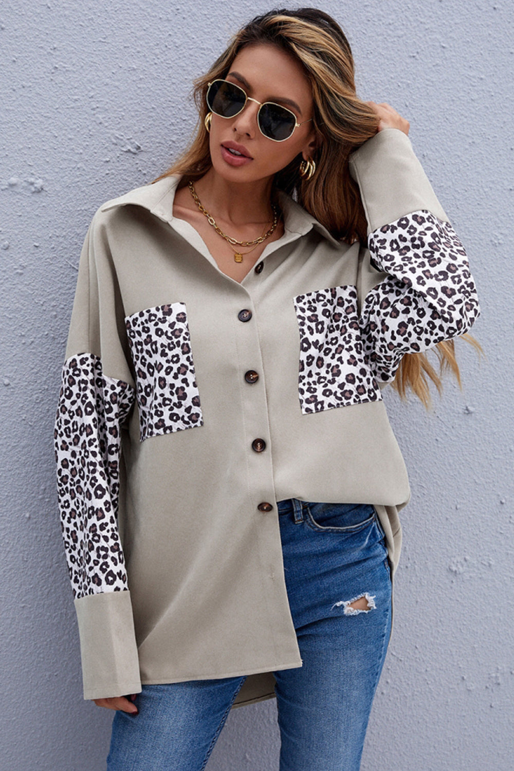 Lapel Patchwork Leopard Print Shirt
