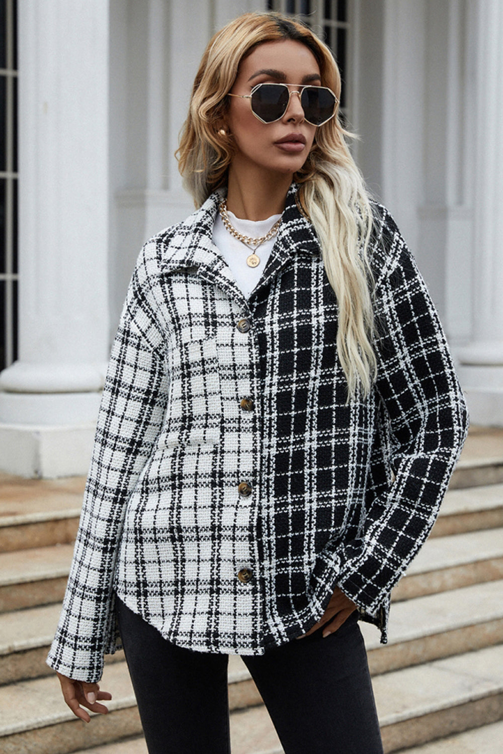 Black And White Patchwork Plaid Single-Breasted Jacket