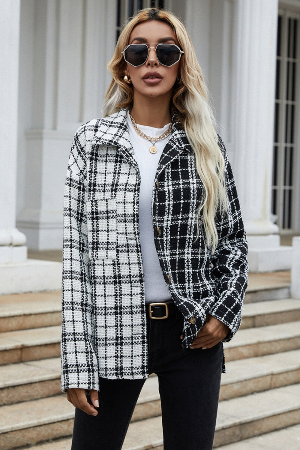 Black And White Patchwork Plaid Single-Breasted Jacket