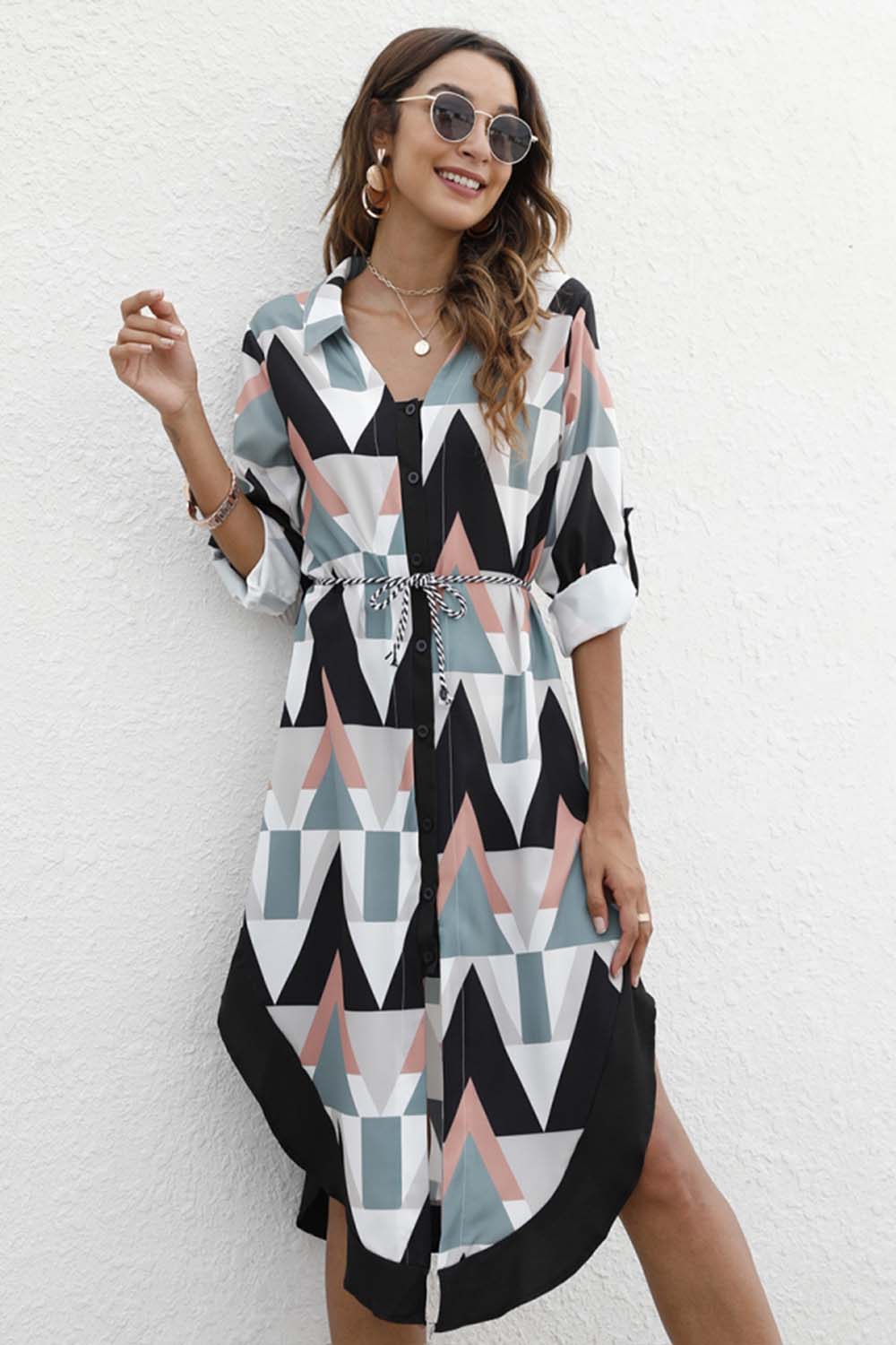 Single-Breasted Lapel Long-Sleeved Dress