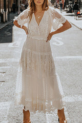 White Lace Embroidery Bohemian Maxi Dress