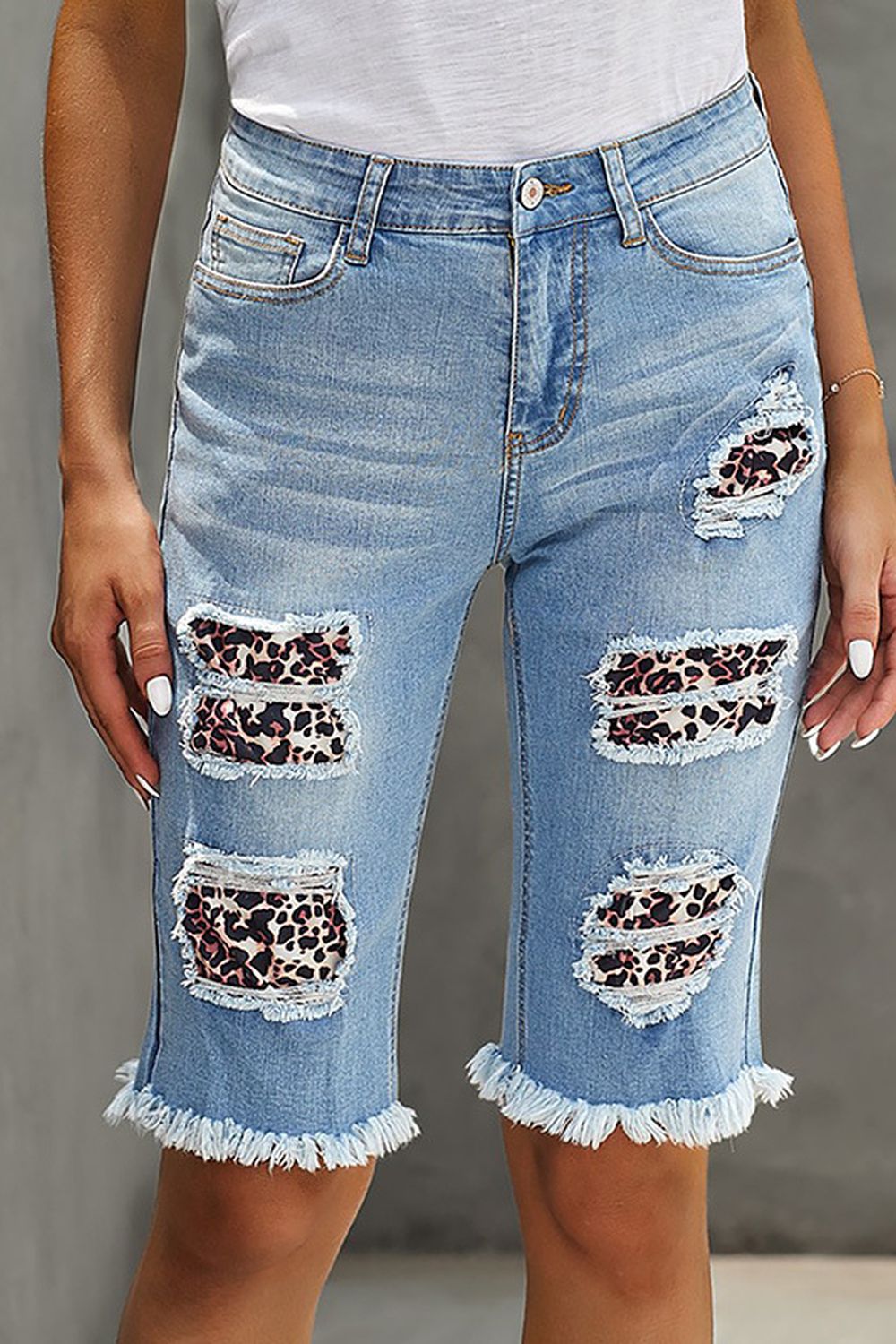 Leopard Ripped Denim Shorts