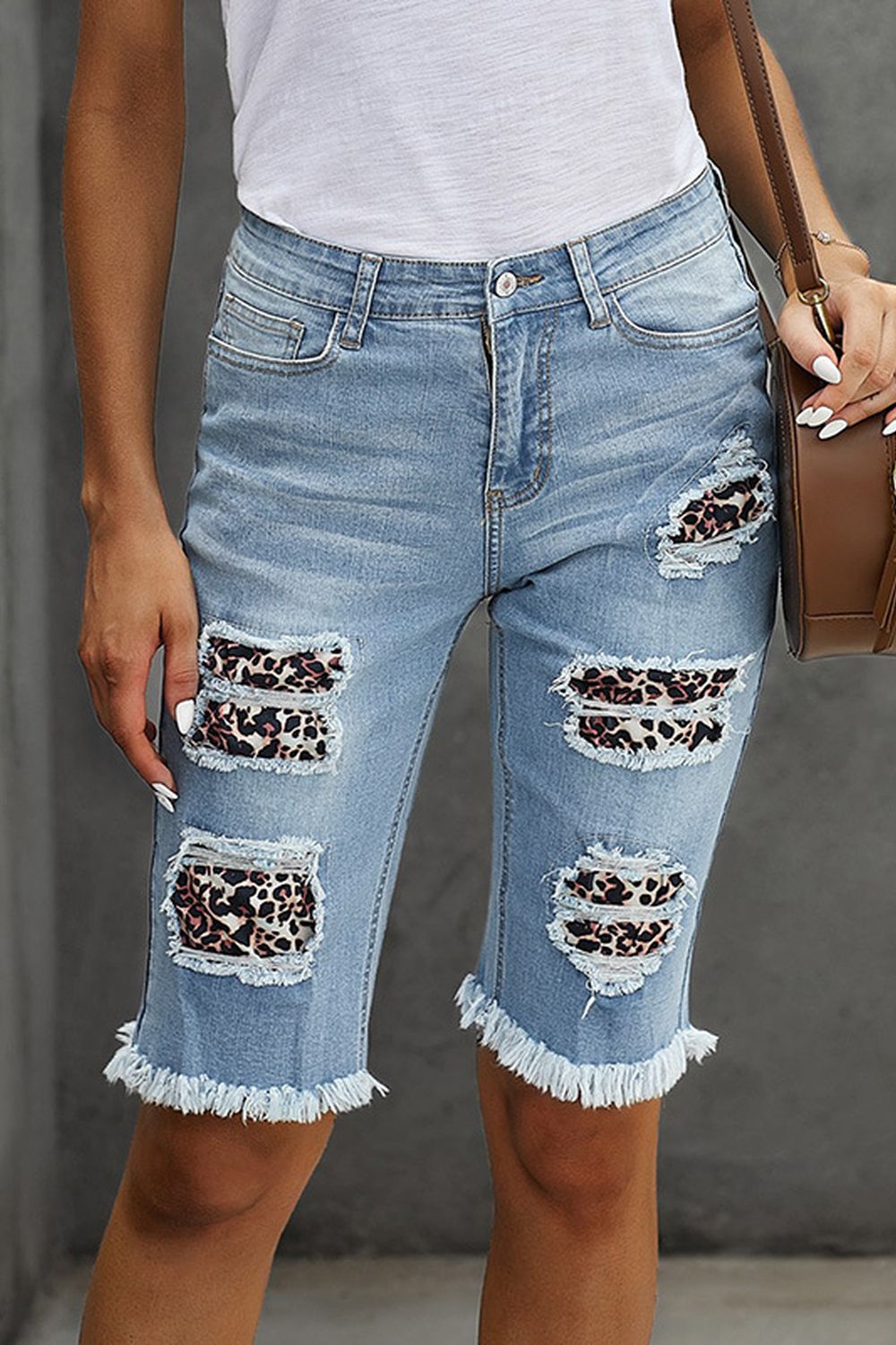 Leopard Ripped Denim Shorts