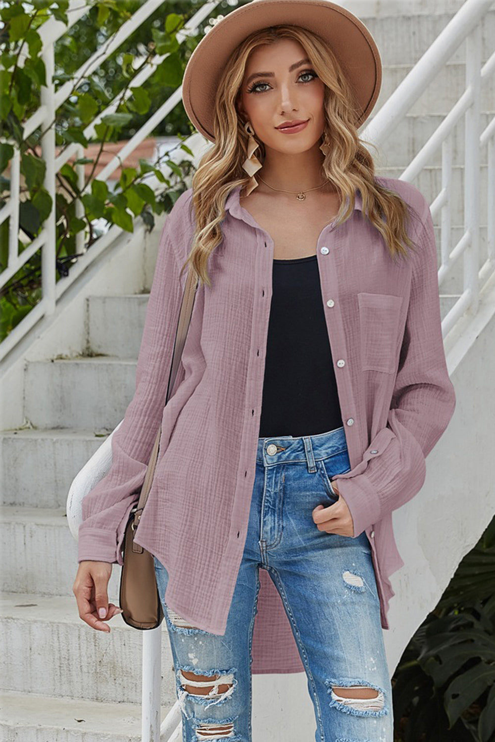 Lapel Single-Breasted Solid Color Shirt