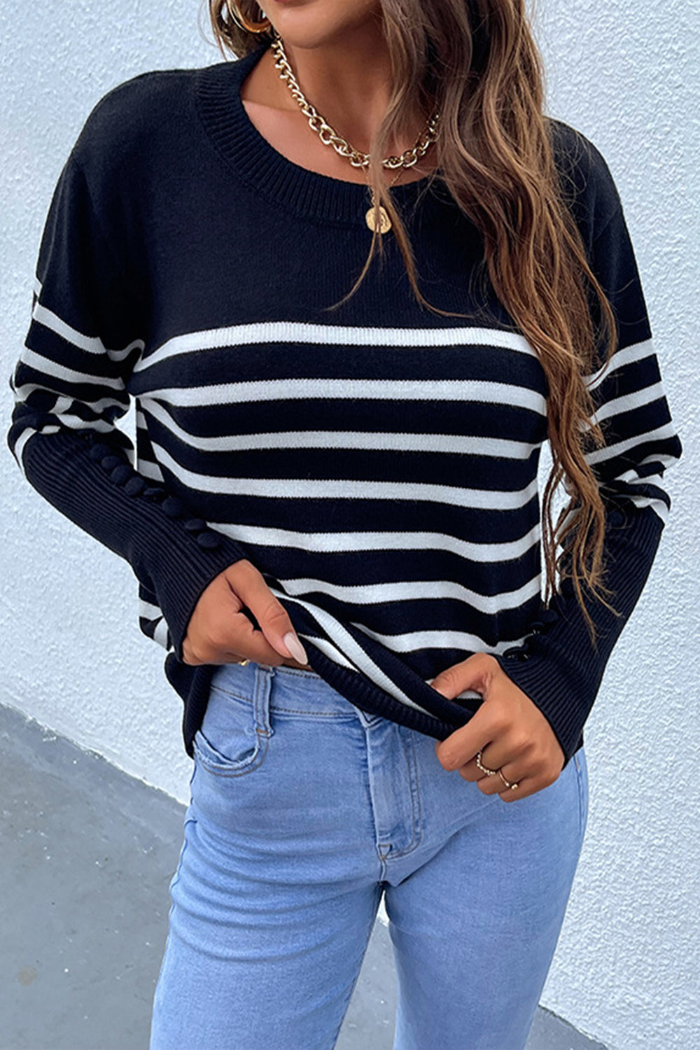 Button Contrast Striped Sweater