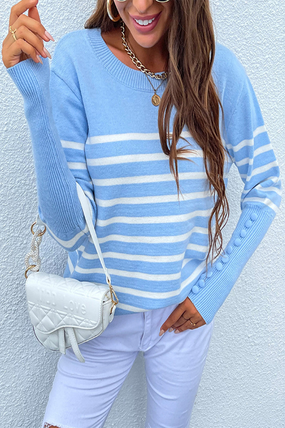 Button Contrast Striped Sweater