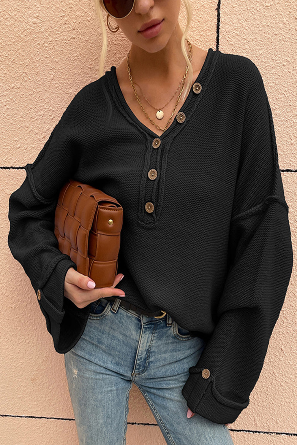 Reverse Button V-Neck Sweater