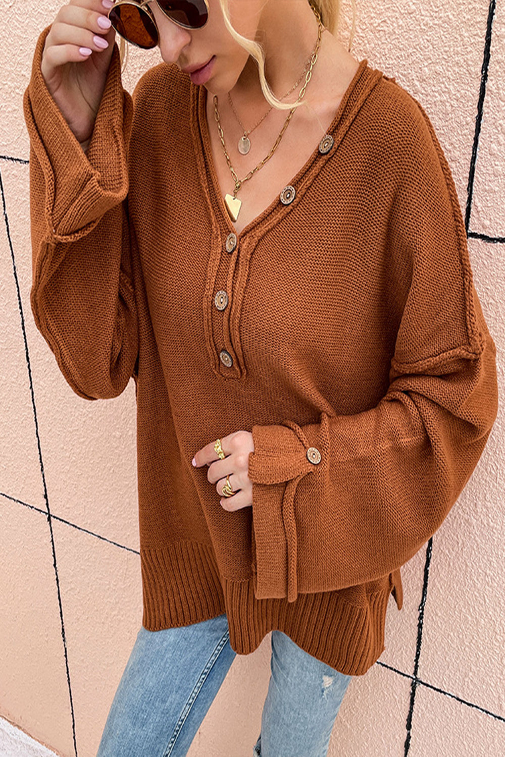 Reverse Button V-Neck Sweater