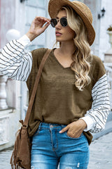 V-Neck Long-Sleeved Striped Stitching Shirt