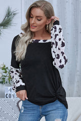 Leopard Print Panelled Side Off-Shoulder T-shirt