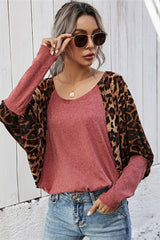 Leopard Print Stitching One-neck Bat Sleeve Top