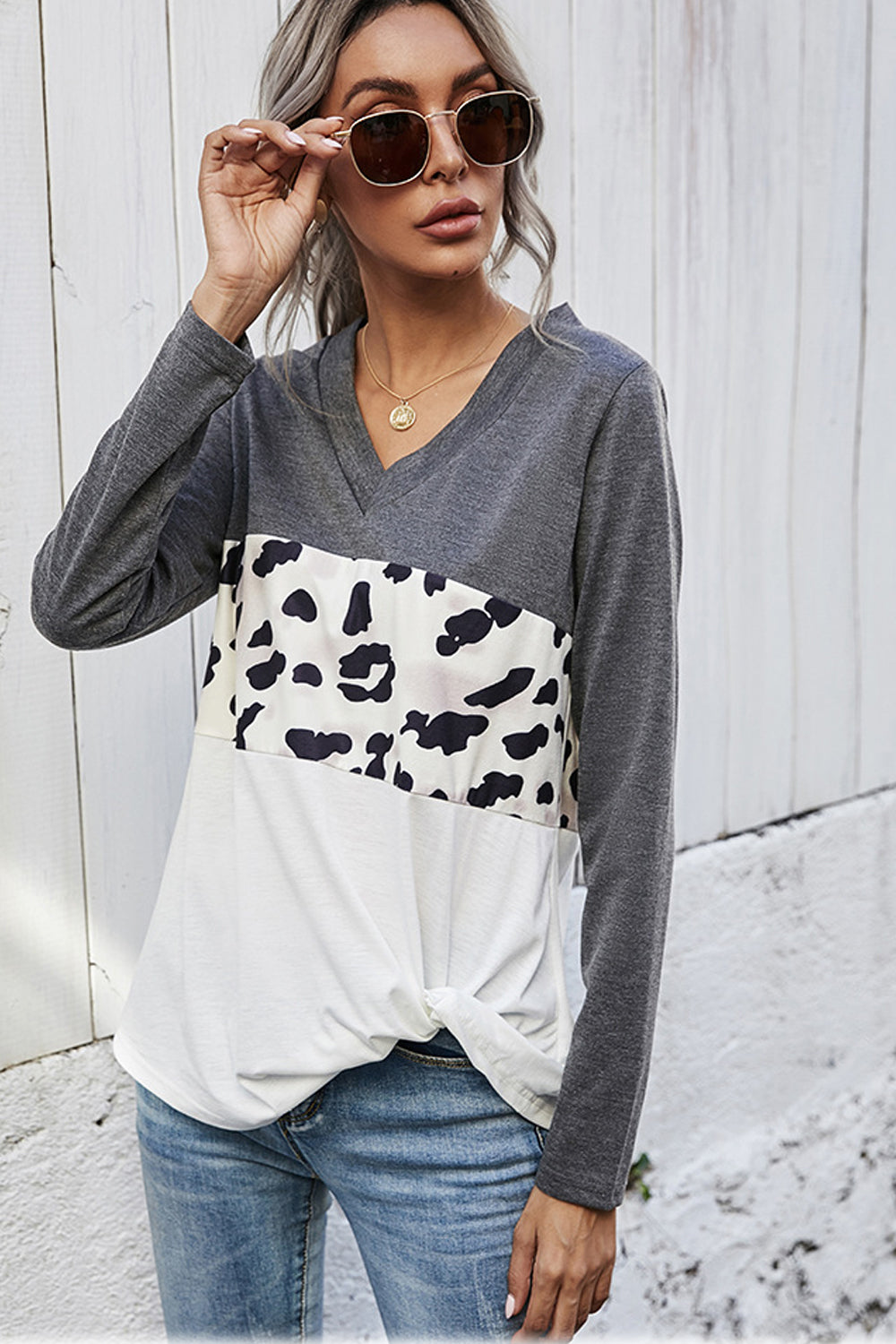 Leopard Print Stitching V-Neck Loose T-Shirt