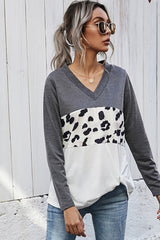 Leopard Print Stitching V-Neck Loose T-Shirt