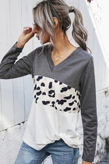Leopard Print Stitching V-Neck Loose T-Shirt